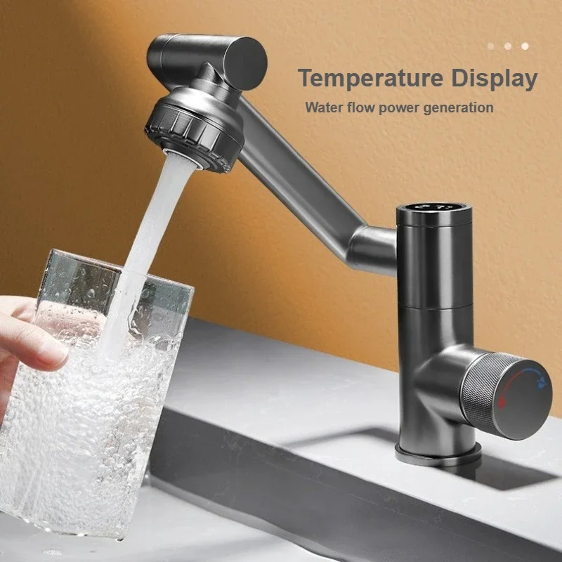 Bathroom washbasin hot and cold faucet, LED temperature display, gray rotatable adjustable water angle faucet