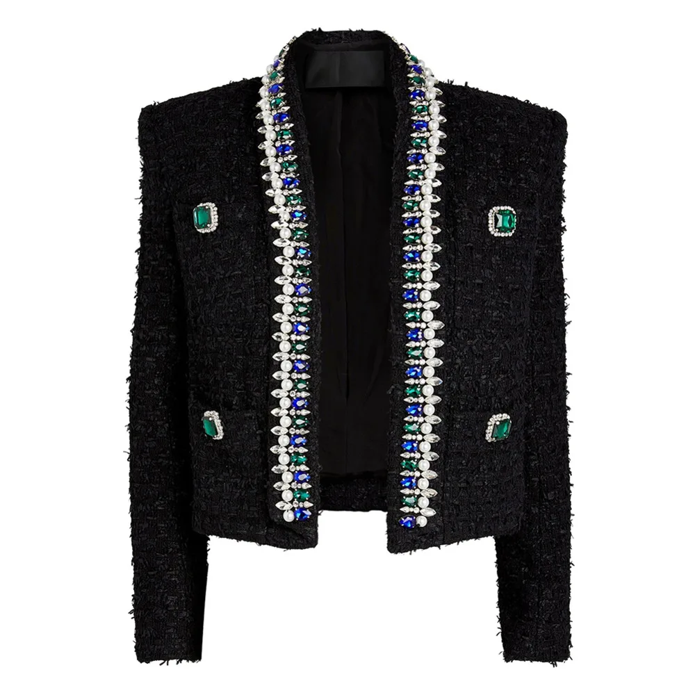 HIGH STREET Newest 2023 Designer Blazer Fashion Women's Stunning Strass Diamonds Beading Shawl Collar Tweed Jacket