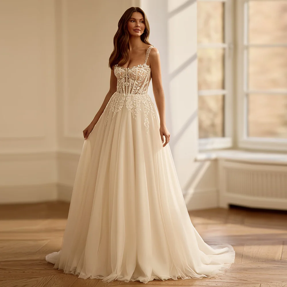 High Quality Tulle Customized Bridal Gowns Elegant Spaghetti Straps Sweetheart Wedding Dress Handmade Flowers Vestido De Novia
