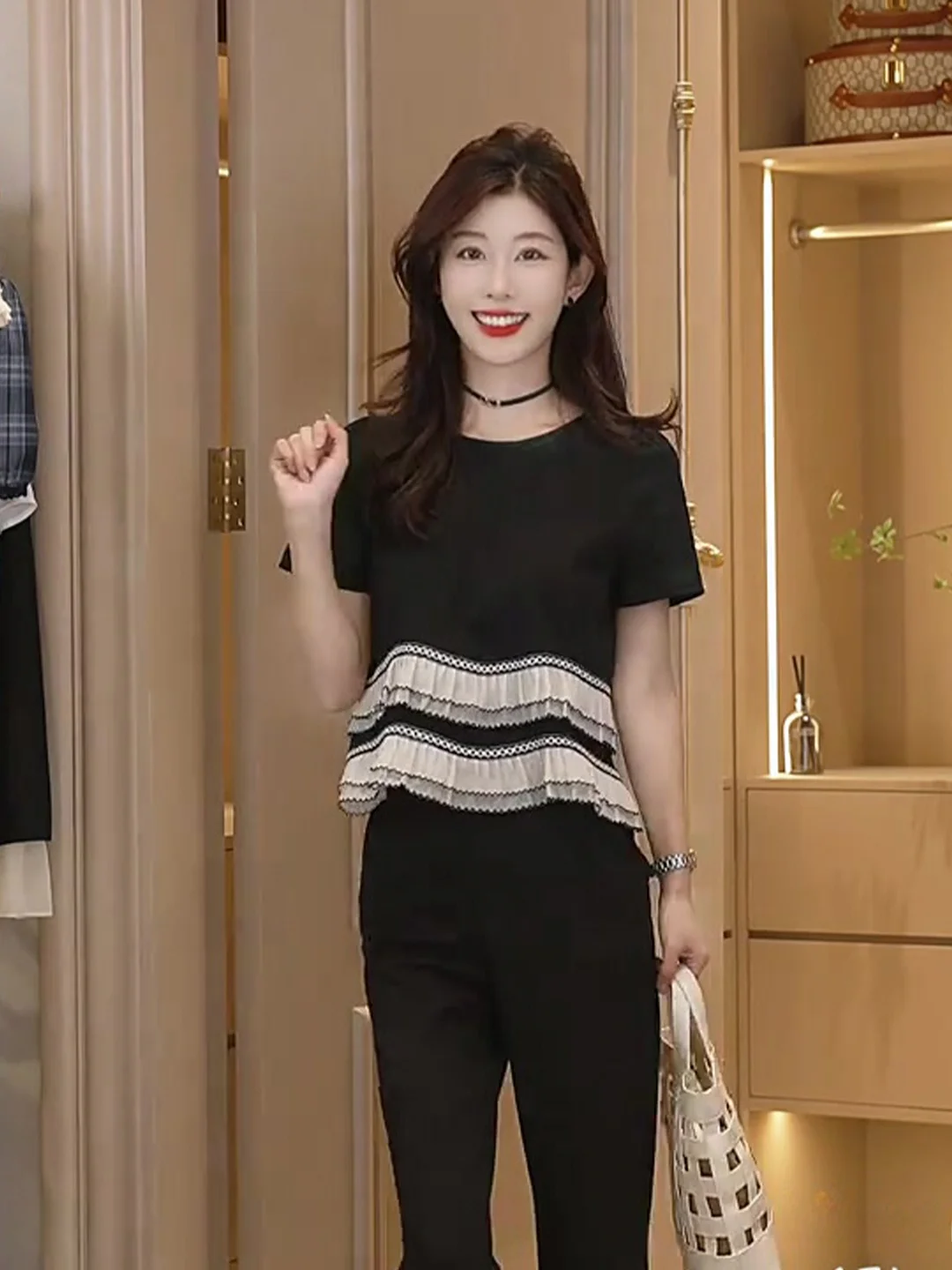 

Donna Women's Summer 2025 Trendy Color Blo irt Top High Faion Sensation Creative Pattern ort Sve round Ne Pullover