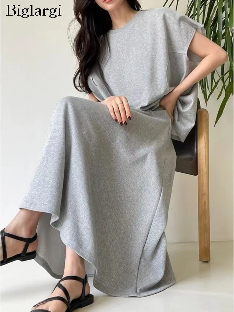 

Elegant Grey 2 Two Piece Set Loose Top Midi Skirt Suit Women Casual Summer Skirts Outfit Loose High Waist Midi Woman Skirt