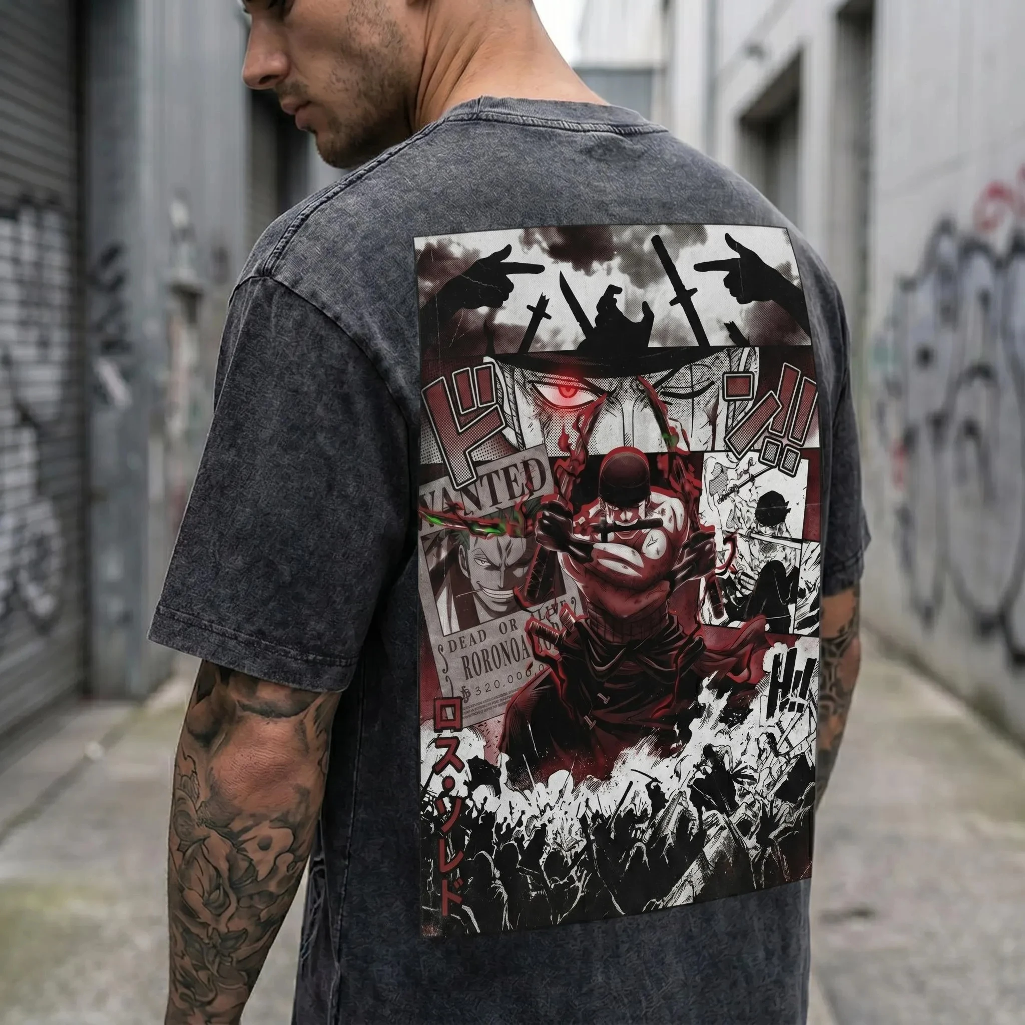 Vintage Washed Roronoa Zoro One Piece Anime T Shirt Manga Collage Three Swords Graphic Oversized Cotton Streetwear Tee