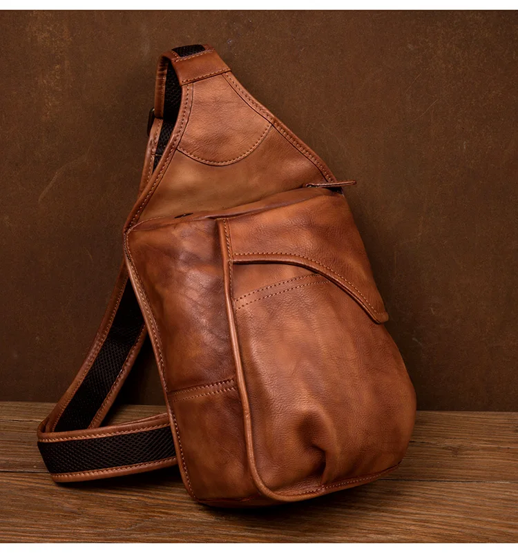 Vintage Leather Men Chest Bag First Layer Vegetable Tanned Cowhide Shoulder Bags Men's Casual Sports Messenger Bag