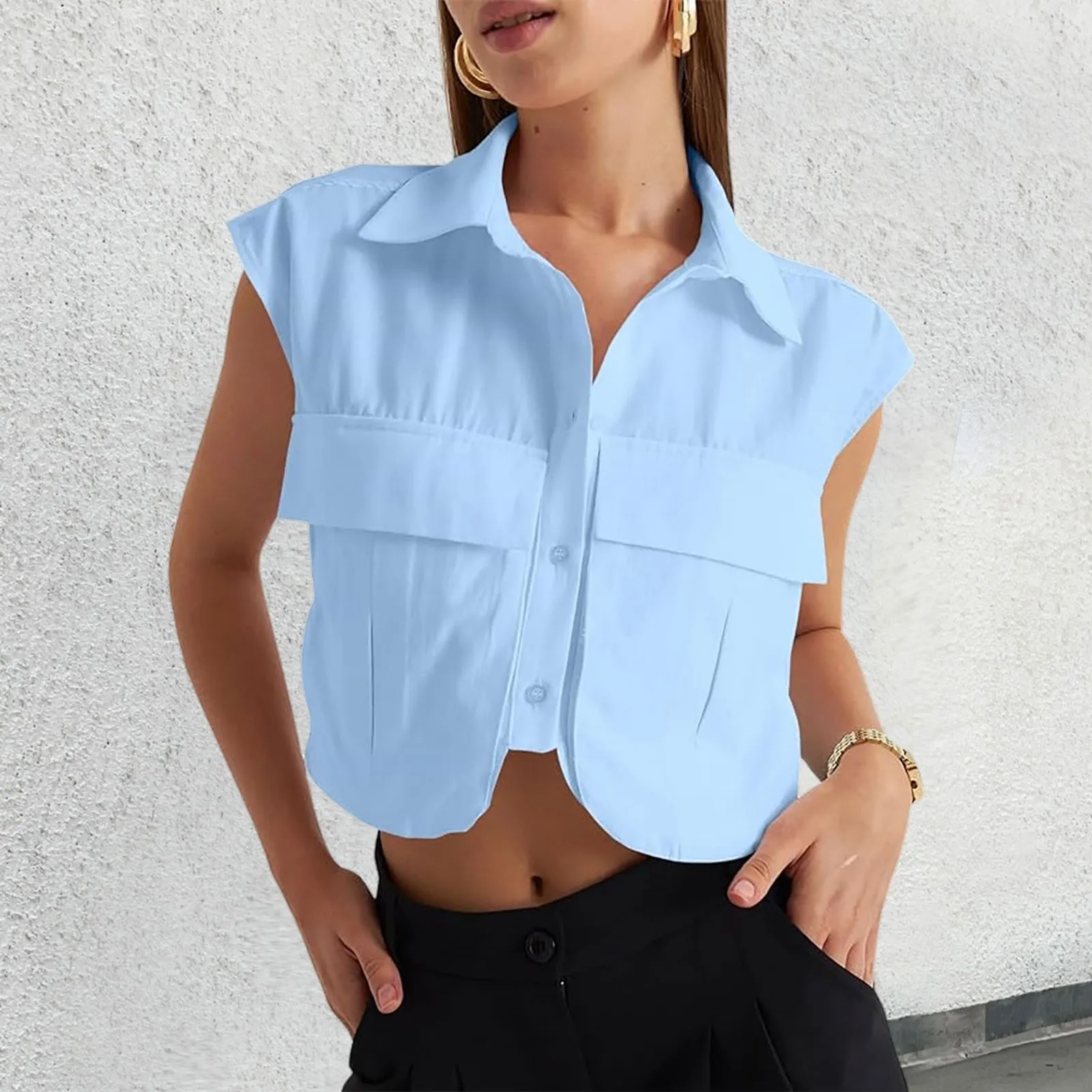 

Womens Button Down Shirts Cute Summer Cap Sleeve Crop Tops Burnout Tees for Women