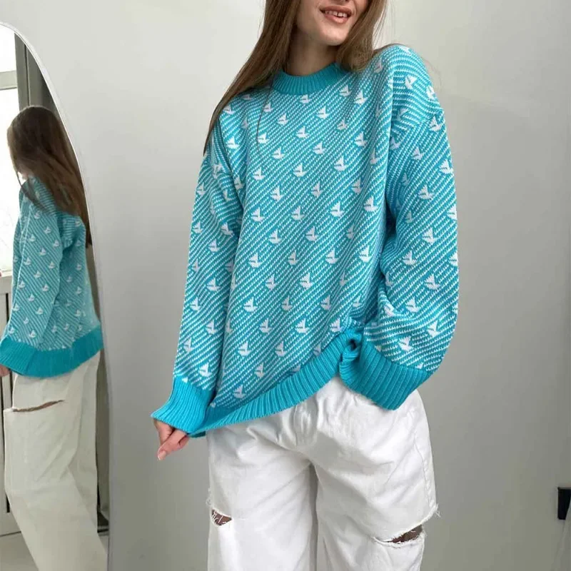 Talenza Knitted Loose Sweater Pullover Women's Fashion Printed Long Sleeve Sweater Casual Slim Round Neck New Pullover Sweater