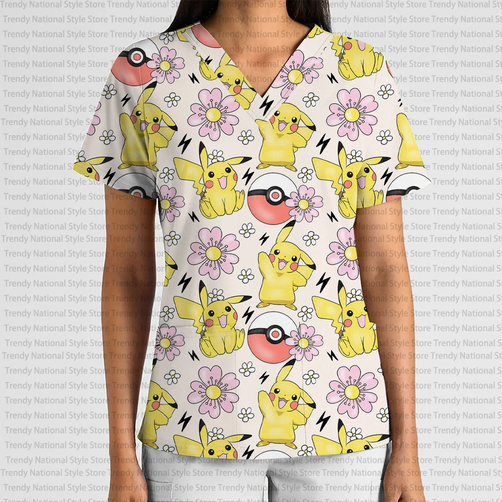 

Women's Pet Clinic V-neck Work Uniform with Pockets, Doctor's Work Uniform, Nurse's Shirt, Pokémon Print Work Uniform Top