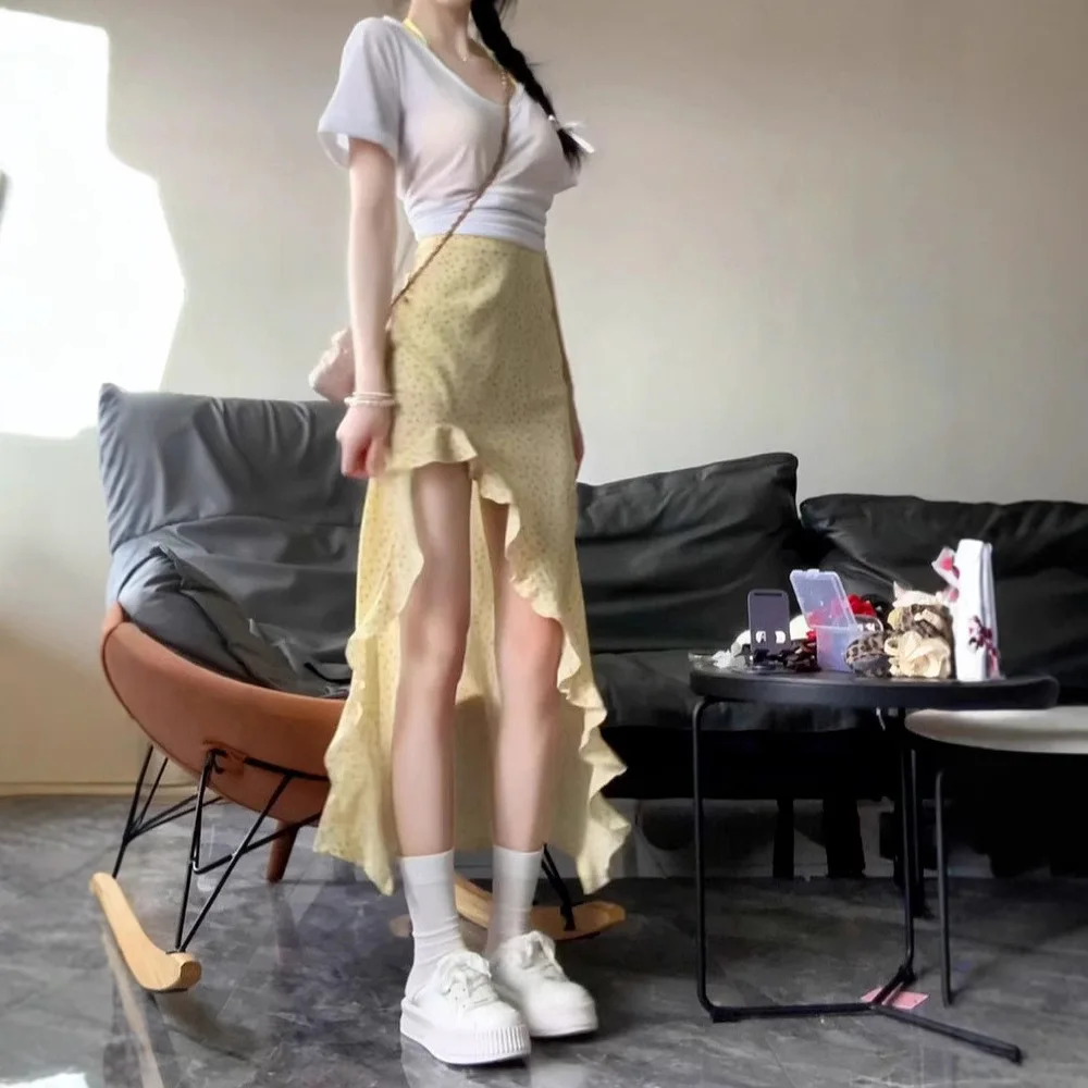 2023 heißer Sommer Gelb Floral Unregelmäßigen Schlitz Temperament Langen Rock für Frauen