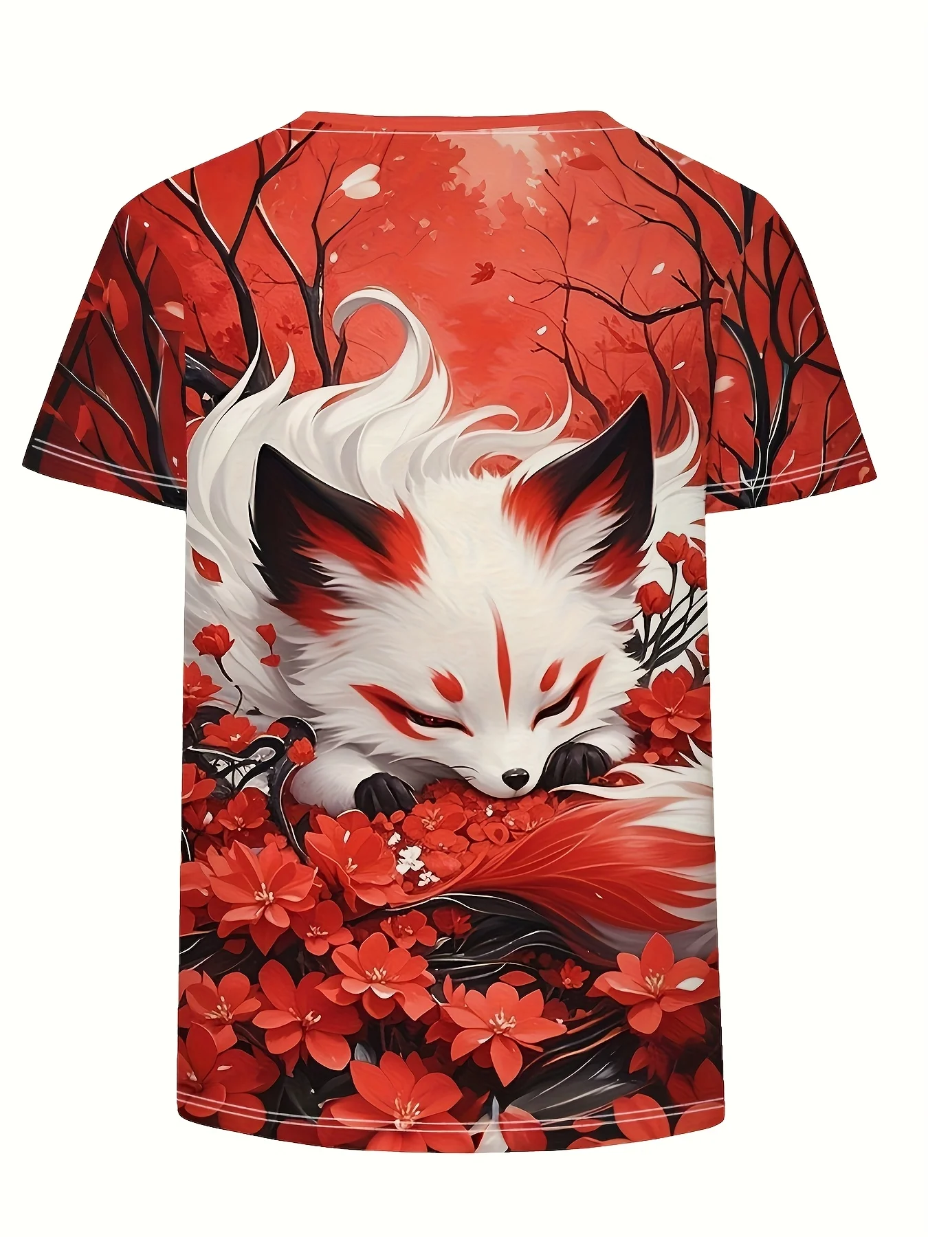Women Crewneck T-shirt Red Floral Nine-tailed Fox Print Casual Short Sleeve Graphic Top