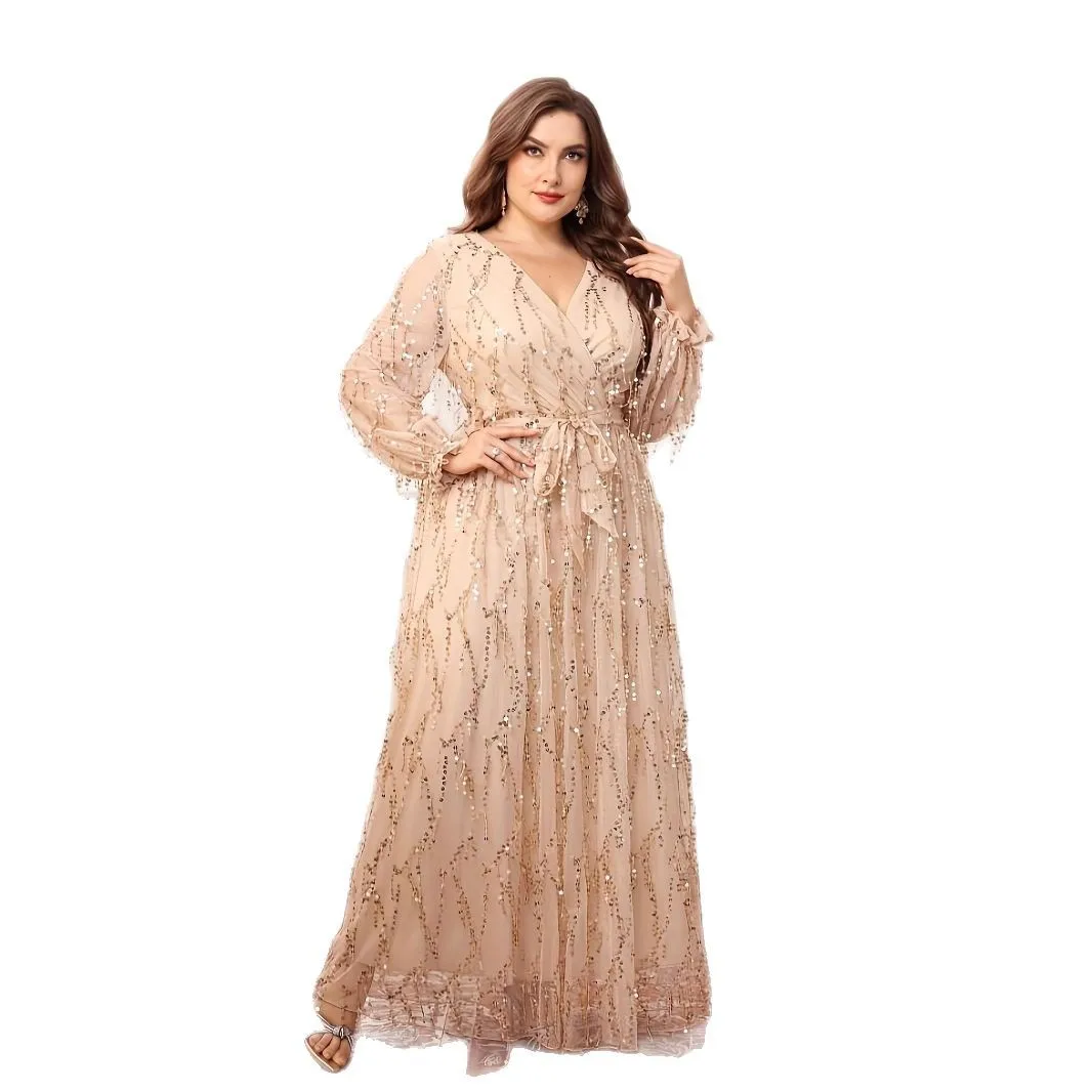 

Elegant V-neck Sequined Long Formal Evening Dress With Long Sleeves Champagne