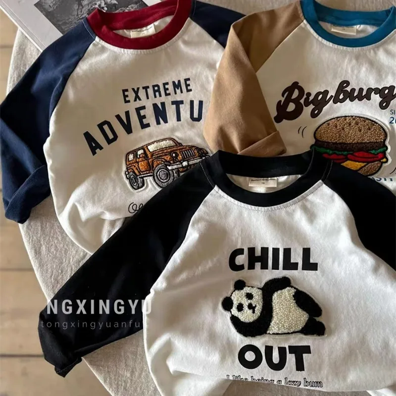 

Kids Boys Clothes Cute Cartoon Panda Hamburg Car Long Sleeve T-shirt Kawaii Girls Raglan Sleeve T Shirt Tees Cotton 2-8y