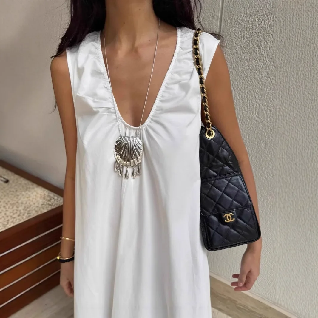 Summer New Fashion V-neck Folded Women Casual Loose Dress Simple Solid Color Female Sleeveless Long Vestidos