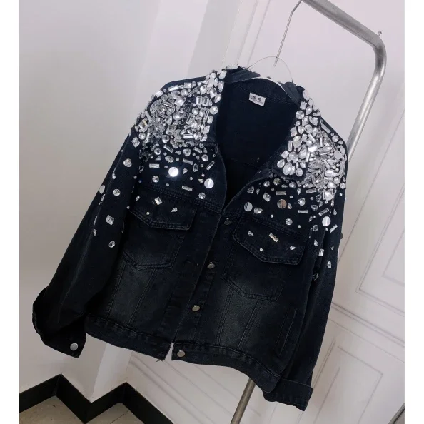 Women Rhinestones Beaded Sequins Black Denim Jacket Spring Autumn Crystal Jean Coat Loose Long Sleeve Streetwear Cowboy Cardigan