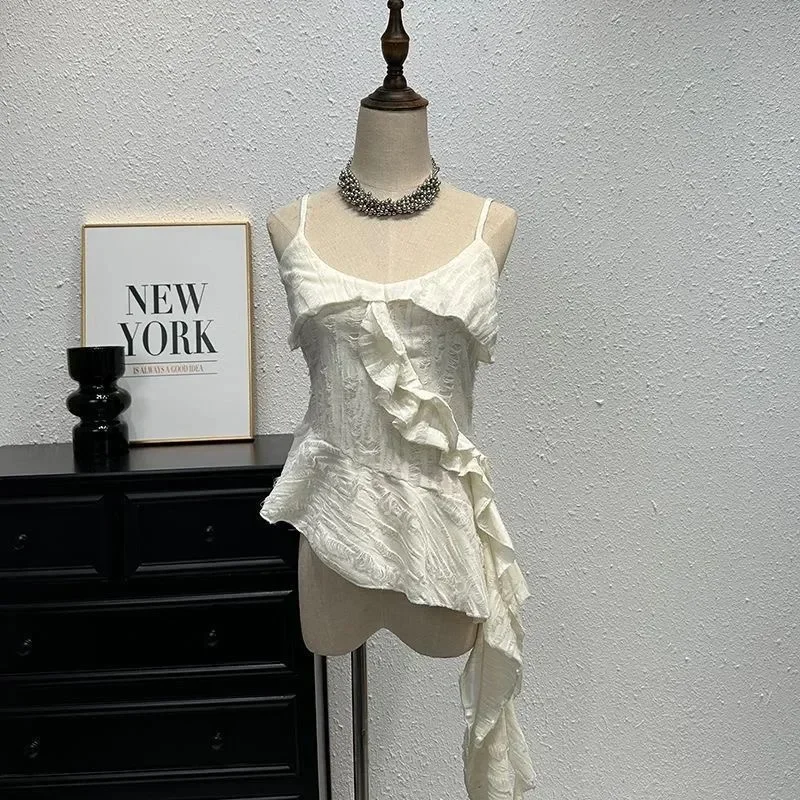 Mujeres Y2K Vintage coreano Casual Acubi Patchwork Irregular Gyaru con volantes camisetas sin mangas camisetas Gyaru Tops 2000s Alt ropa