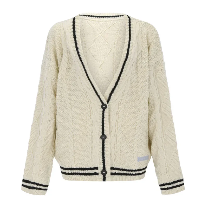 

Autumn 2022 Women Beige V-neck Star Embroidery Cardigan Casual Loose Sweater Fashion Temperament Knitted Jacket Y2k Streetwear