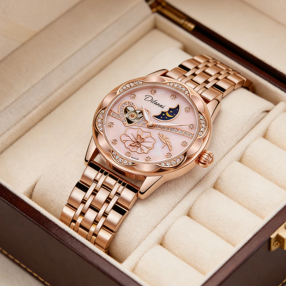 

Модные механические часы с дизайном бабочки, б/у, женские, из нержавеющей стали, розовое золото, роскошные, с фазами Луны, женские часы