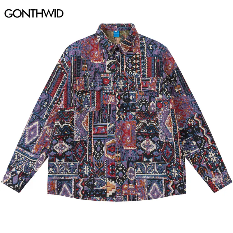 Thick Shirt Coat Y2K Hip Hop Knitted Retro Geometric Patterns Long Sleeve Button Shirts 2023 Vintage Harajuku Fashion Loose Tops