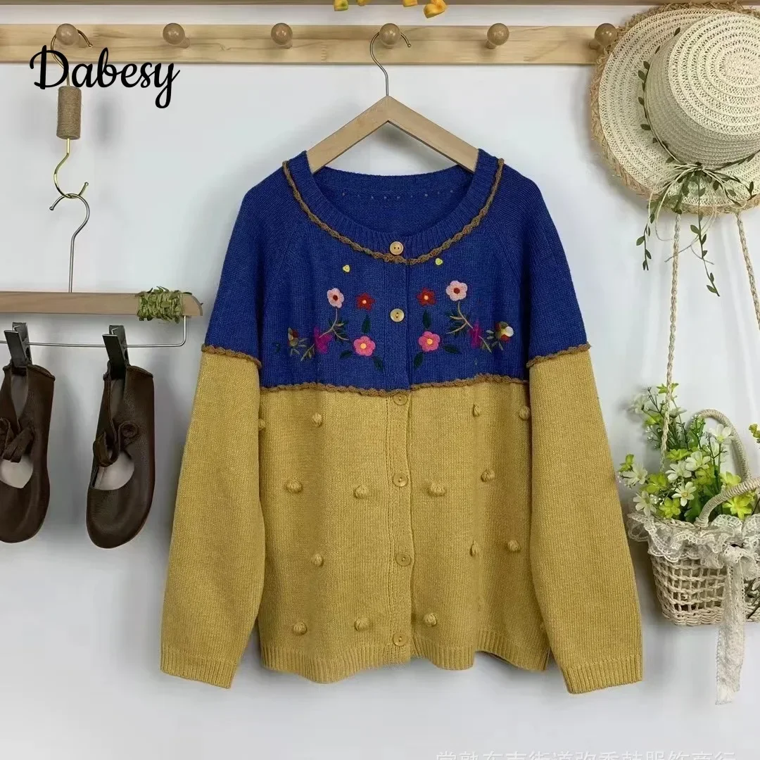 Autumn Vintage Color Contrast Patchwork Knitted Cardigan Women Japanese Mori Girl Embroidery Single-breasted Loose Sweater Coat