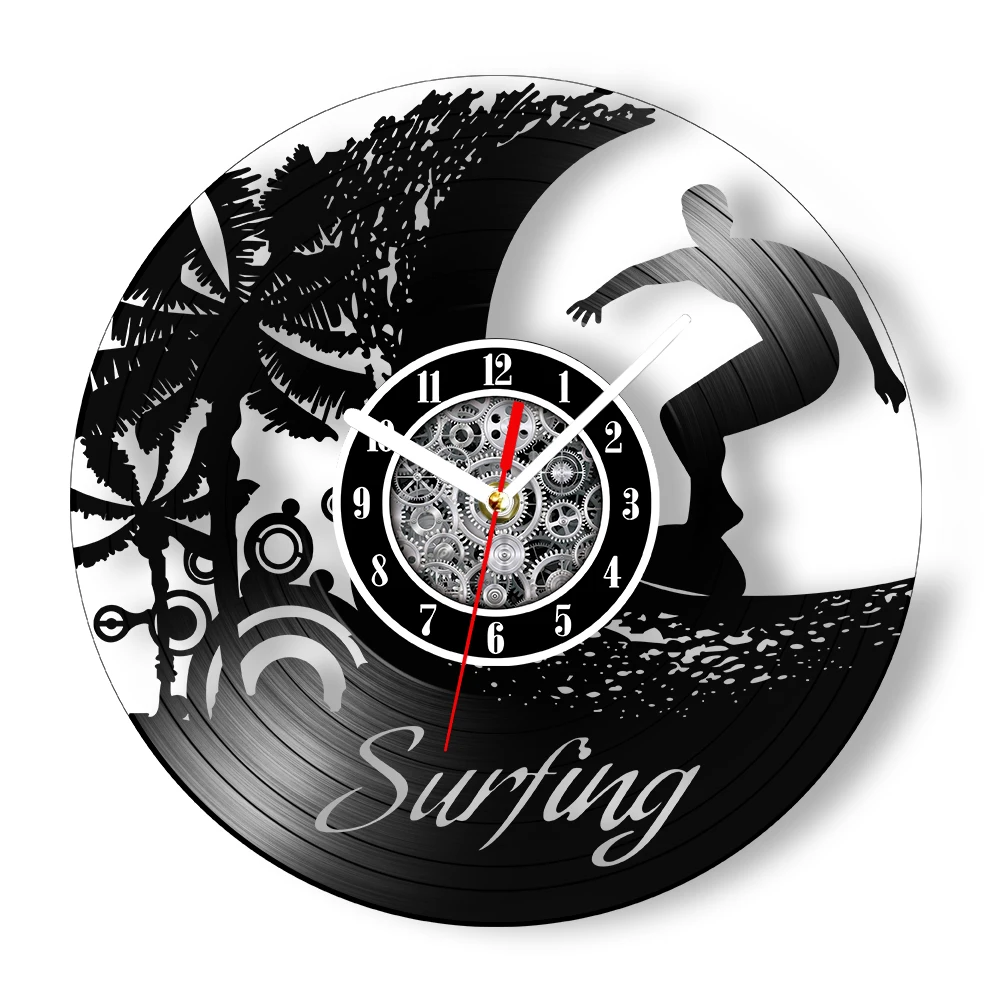 Cool Surfing Black Vinyl Record Wall Clock For Living Room Surfers Home Decor Watch Ocean Sea Wave Wall Art Silent Quartz Clock