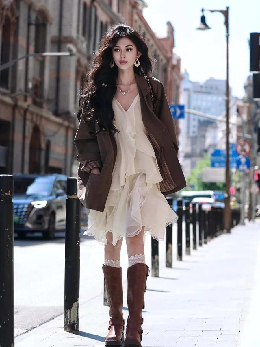 ReddaChic Fairy Women's Chiffon Top Skirt Set Summer Solid Irregular Ruffle Flowy Camisole Elastic Waist Mini Skirt Daily Wear