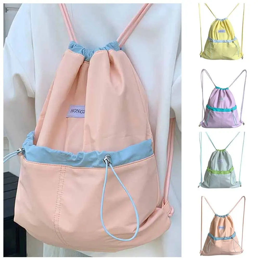 

Korean Style Drawstring Backpacks Contrast Color Large Capacity Light Soft Nylon Bag Solid Color Tote Bag Shoulder Bag