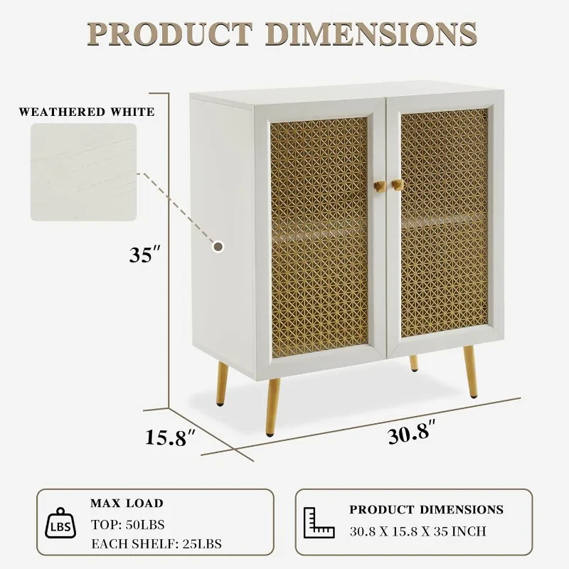 31 "Witte Buffetkast Met Dressoir Met Metalen Deuren, Moderne Vrijstaande Decoratieve Accentkast