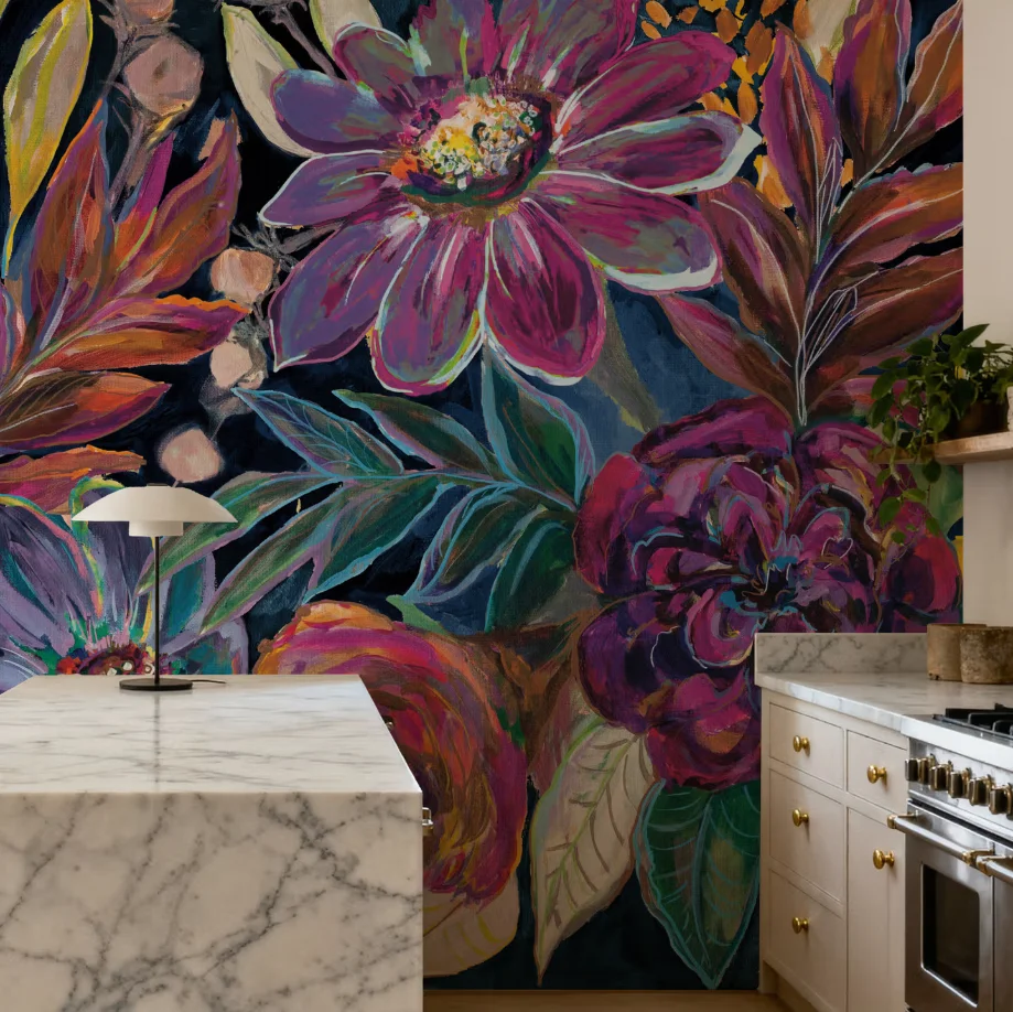 

Customized size mural with visible brushstrokes design brings artistic and textured floral wallpaper, living room, bedroom mural