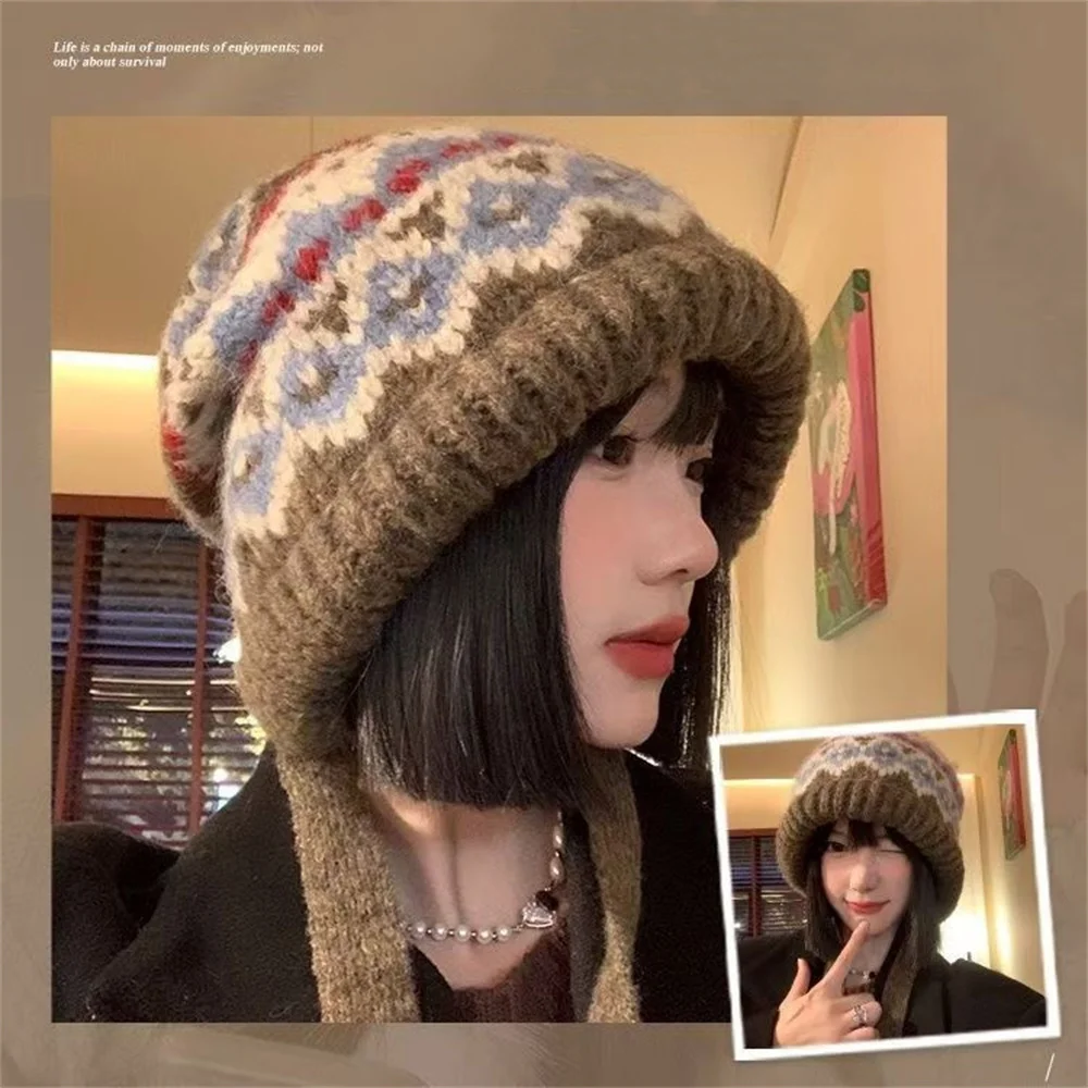 Women Ethnic Style Striped Spliced Knitted Woolen Hat For Autumn And Winter Thickened Warm And Cold Resistant Ear Protection