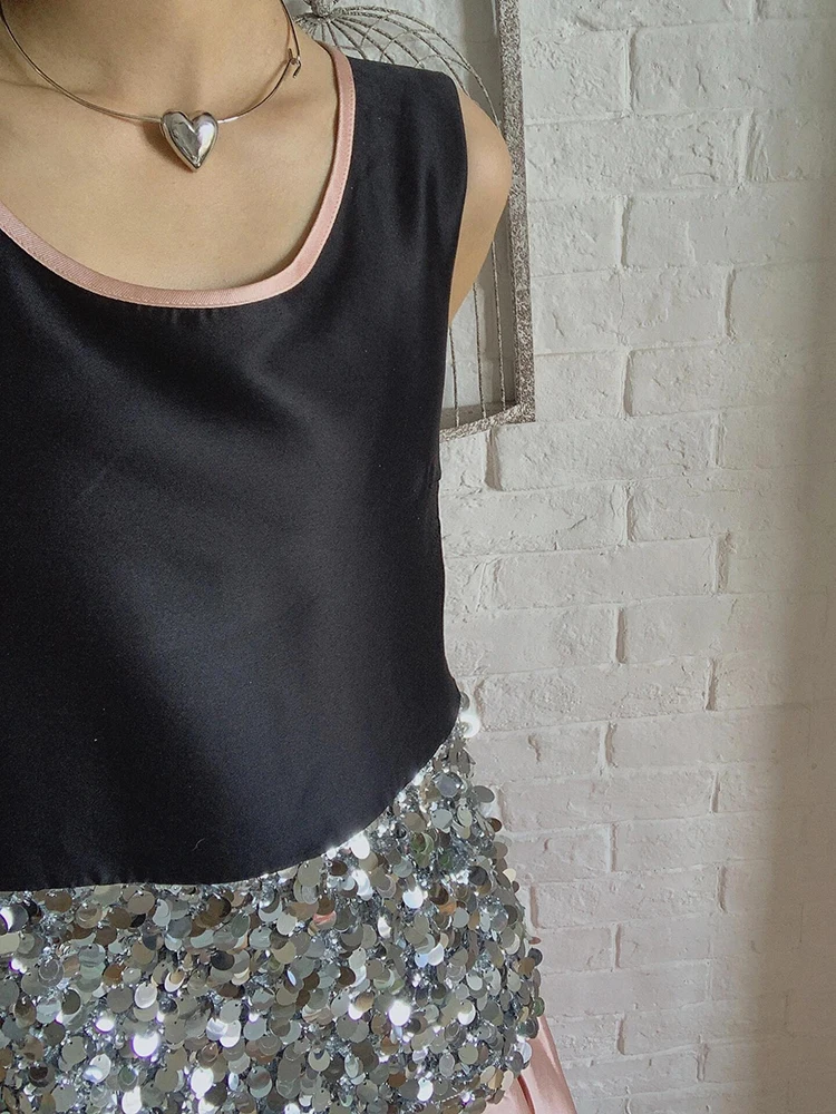 ReddaChic Women Sequined Tank Long Skirt Pretty and Elegant Color Block Ruffle Skirt Stitch Tank Top Set Work Summer Clothes view 3