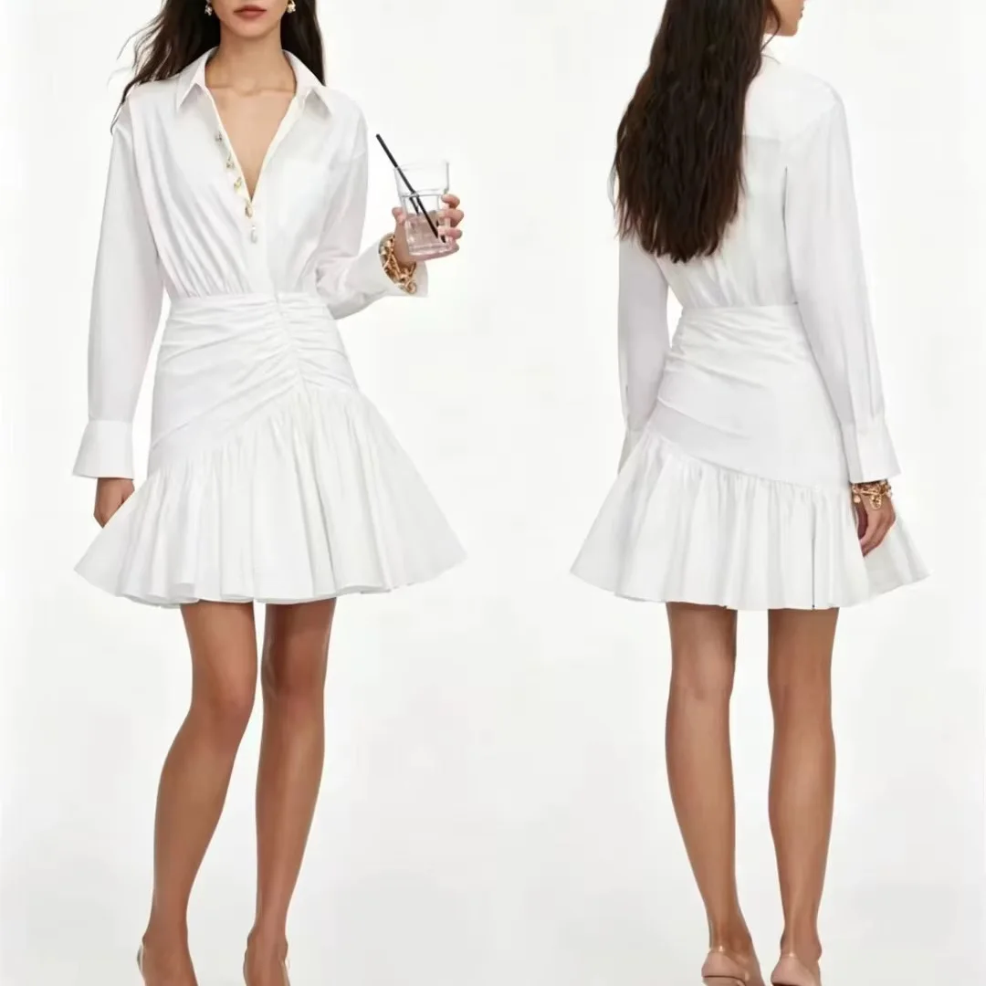 Women high waist shirt dress long sleeve fashion Asymmetric mini dress