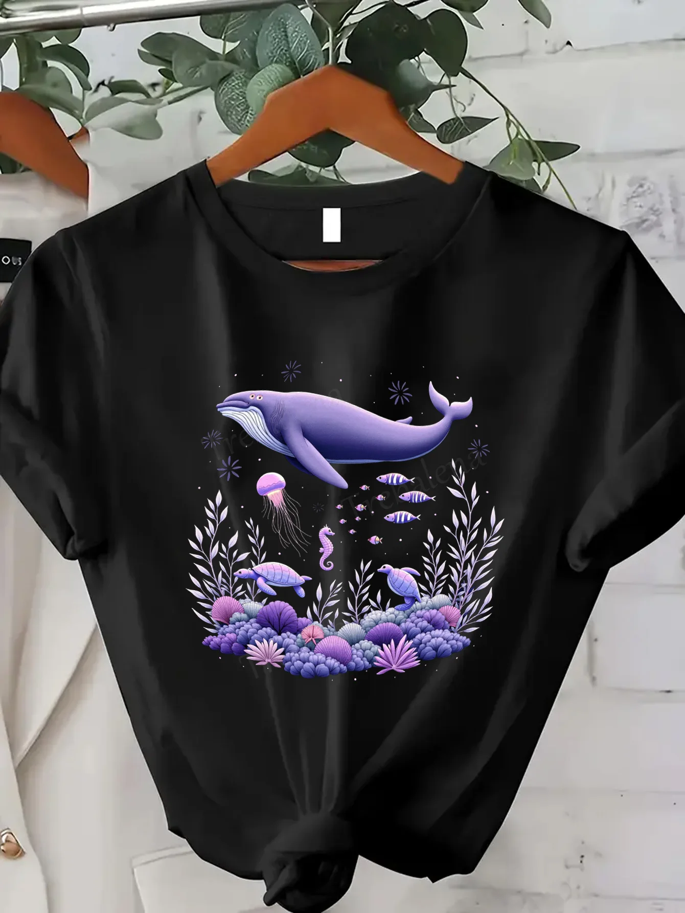 

Women T-shirt Purple Whale Ocean Print Women's T-Shirt, Sexy Casual Top