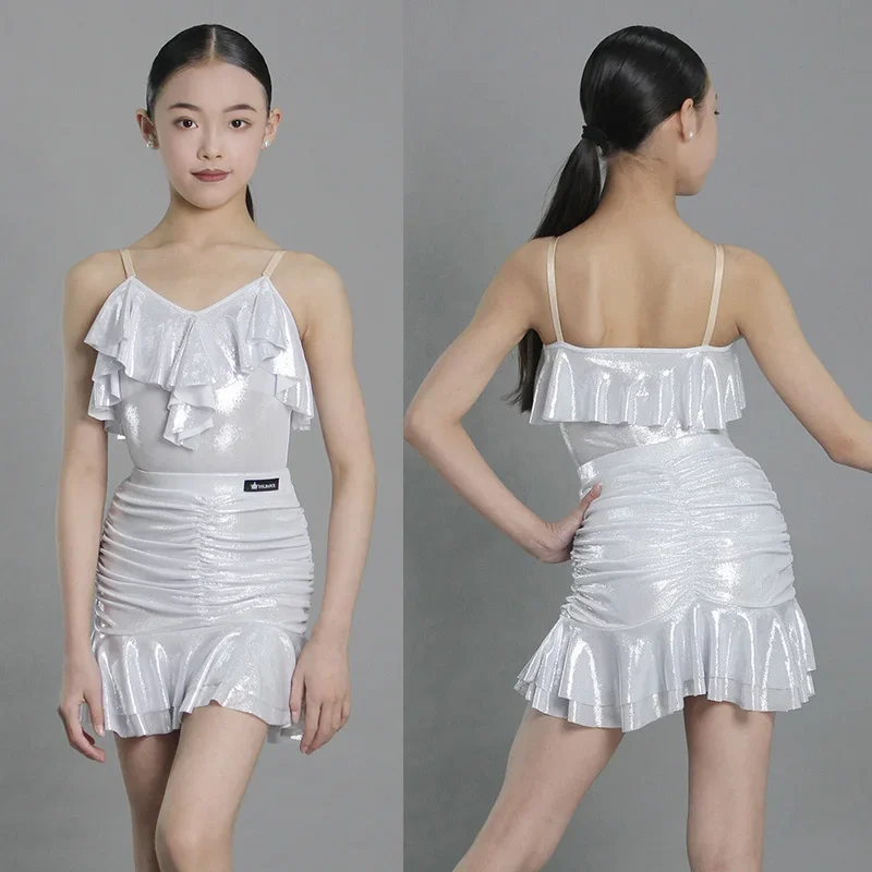 

2025 New Children's Latin Dance Competition Costume Girls Shiny White Tango Dance Clothes Kids Sleeveless Practice Wear
