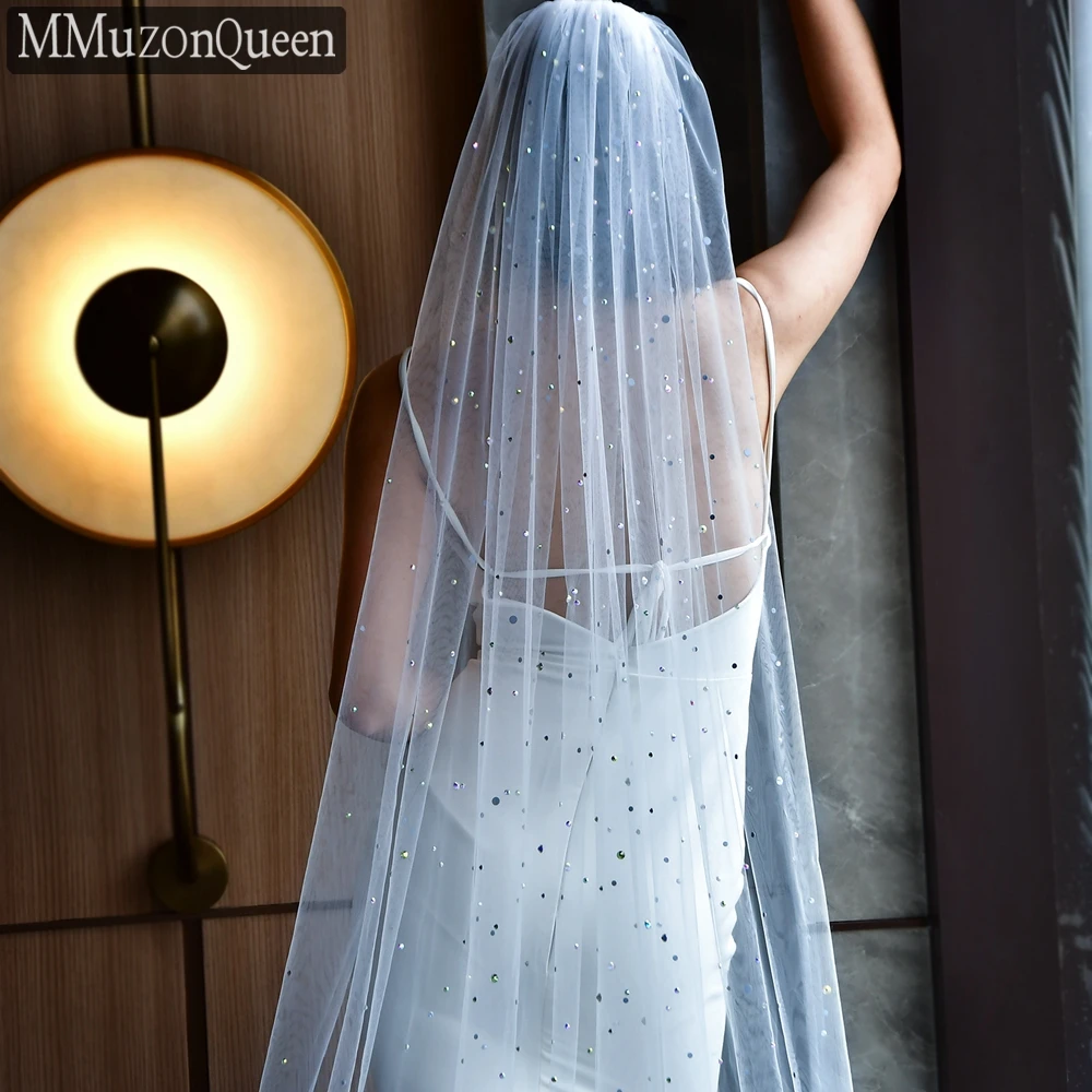 MMQ M58A High-Quality Colored Diamond One Layer Cathedral Veil Handmade White Beige With Hair Comb Bride Wedding Veil