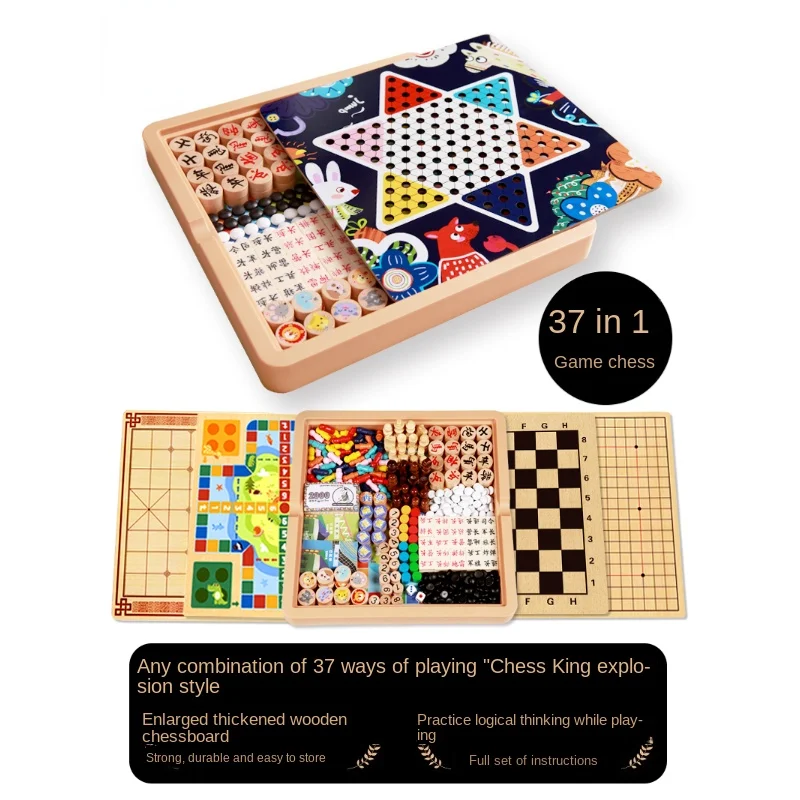 All-in-One Checkers Aeroplane Chess Five-in-a-Row Animal Checker Game Multi-Functional Chess Children's Wooden Toys