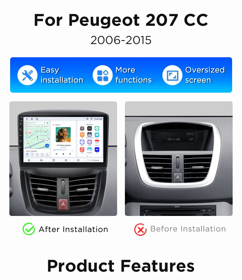 Junsun Wireless CarPlay Android Auto Autoradio für Peugeot 207 CC 2006-2015 Auto-Intelligentes System DSP SWC RDS GPS FM BT – Detail 3