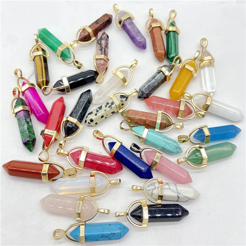 Fashion Natural Gem Stone Quartz Crystal Tiger Eye Hexagonal Pendulum Reiki Pendant Charms DIY Jewelry Making Necklaces 24Pcs