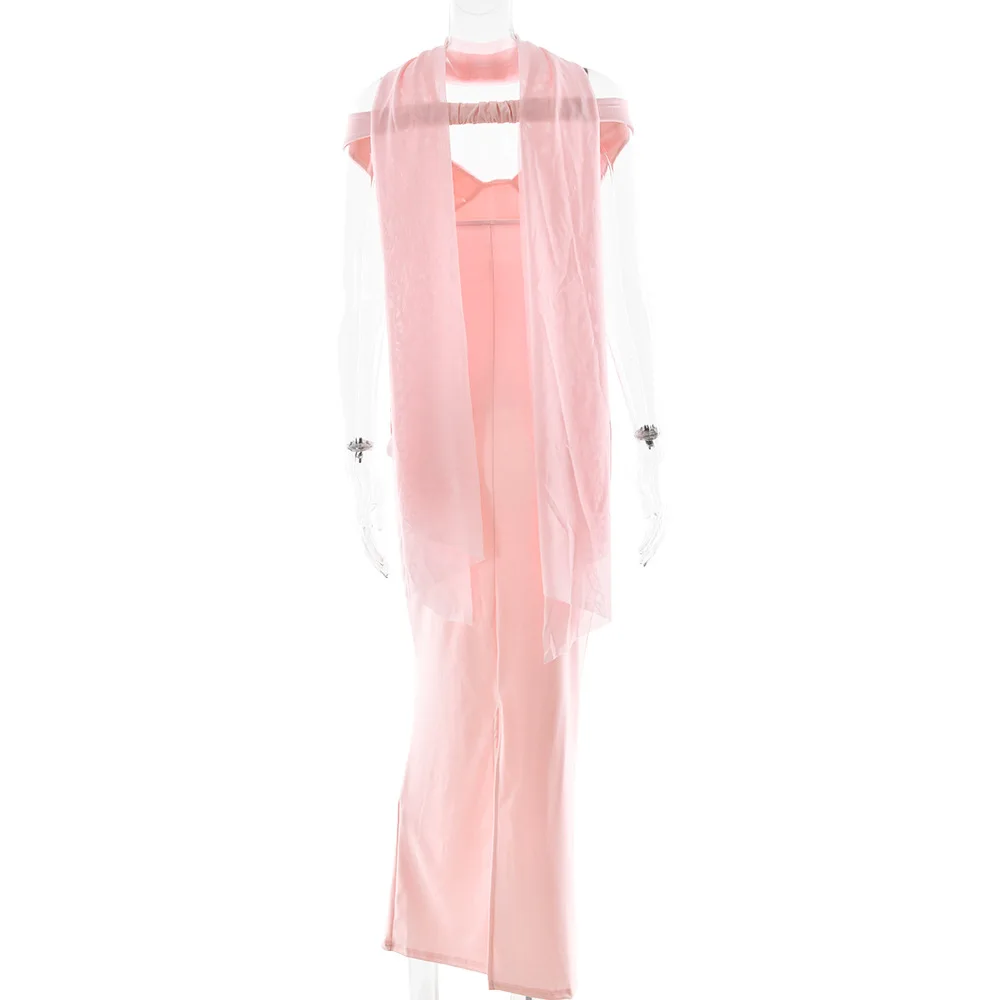 Klasyczna sukienka maxi Bangniweigou z odkrytymi ramionami, dopasowana, z szalem, damska, bez rękawów, elegancka, marszczona, z rozcięciem, różowa suknia na imprezę.