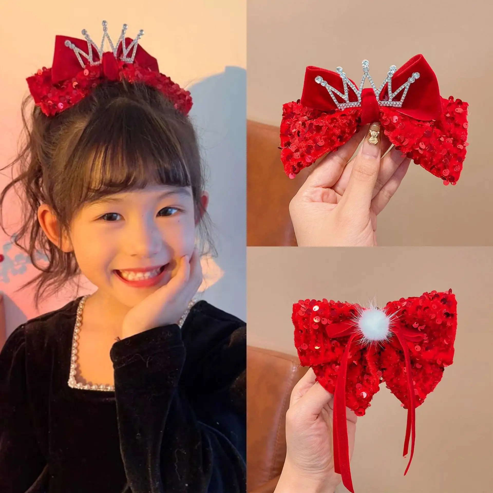 Crown Princess Children's Hair Clip Sequins Bowknot Children's Girls' Clip 3D Hair Clip Red Hair Jewelry Headwear