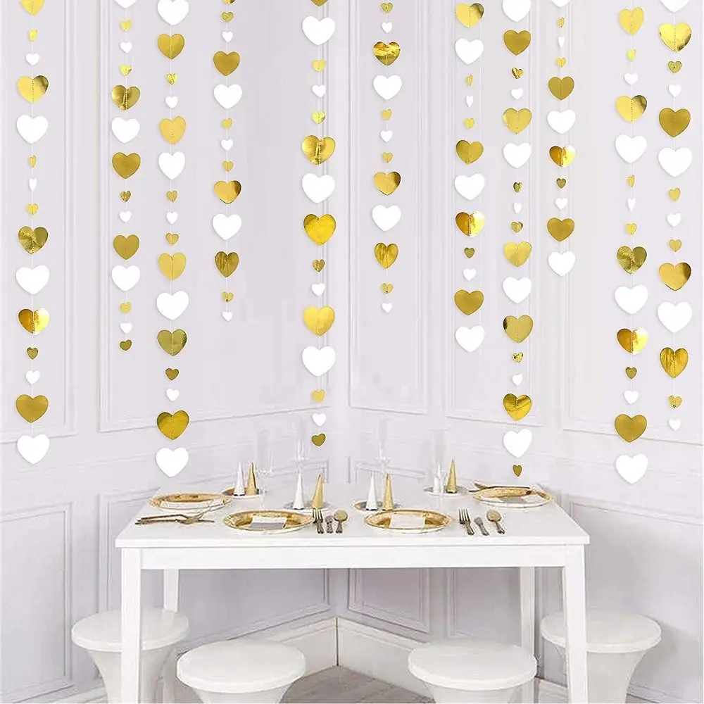 Creative Heart Shaped Paper Garlands String White Gold Love Heart Hanging Curtain Romantic Anniversary Decoration