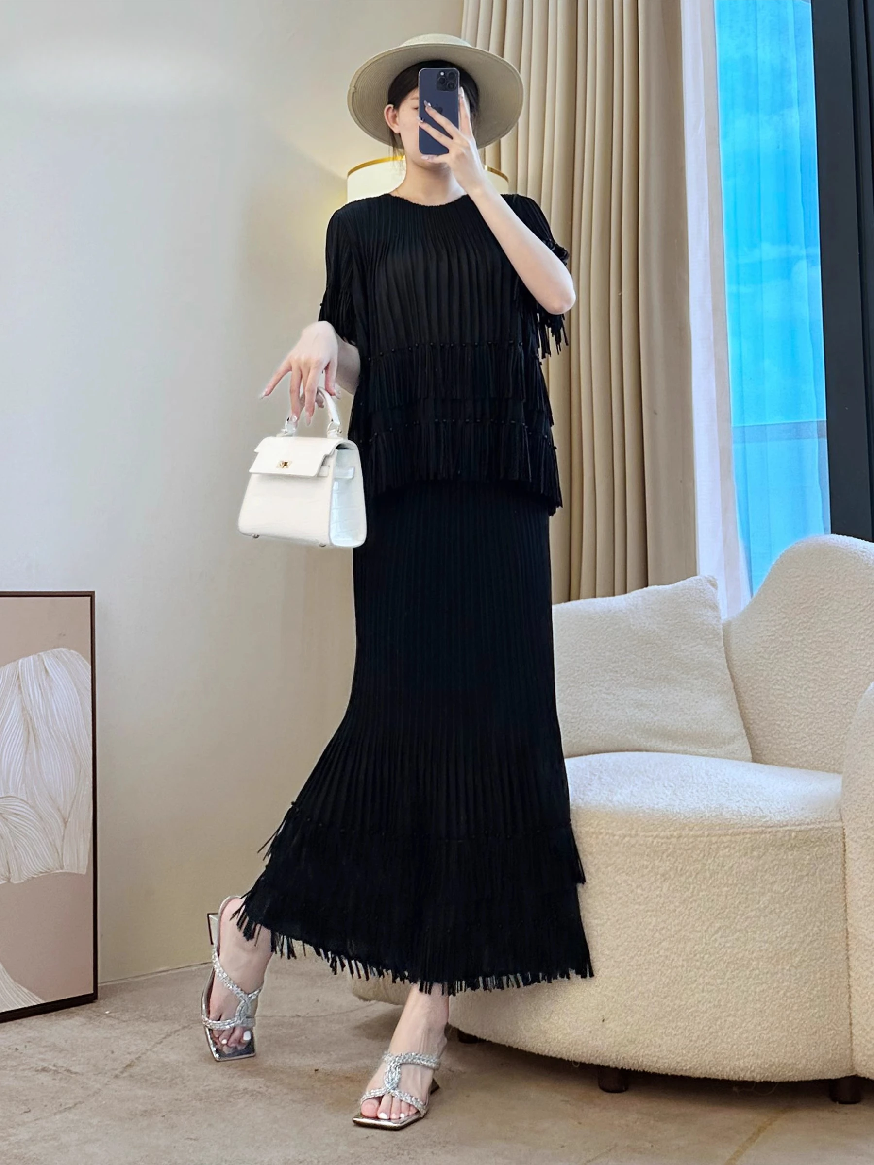 

Miyake Purple Short-sleeved Summer New Top Pleated Fringed Skirt Pleat Two-piece Set Women's Pleated Drape Skirt Fashion Suit