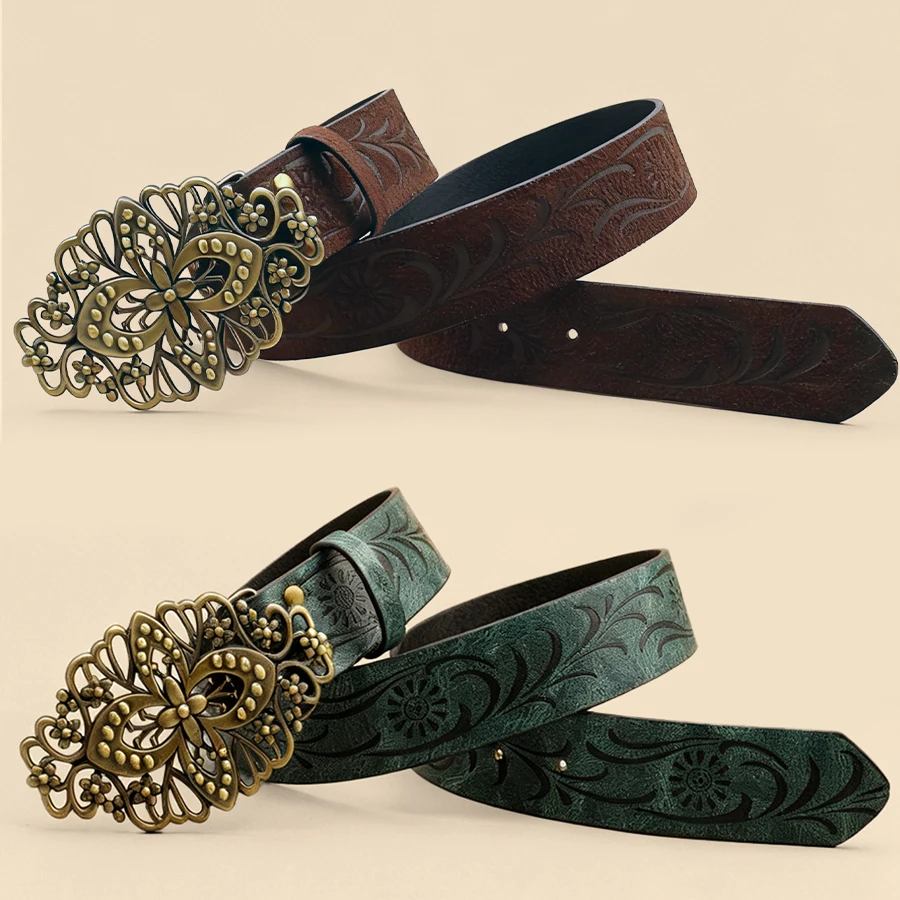 Vintage Carved Metal Buckle Belt Unisex Retro Brass Buckle Embossed Pattern Waistband European Ethnic Style Accessory - view 4