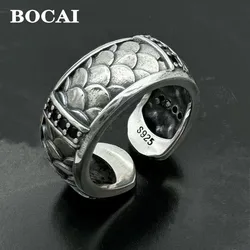 BOCAI New S925 Silver Jewelry Retro and Domineering Wide Dragon Scale Ring for Men Trendy and Personalized Fashion Gifts