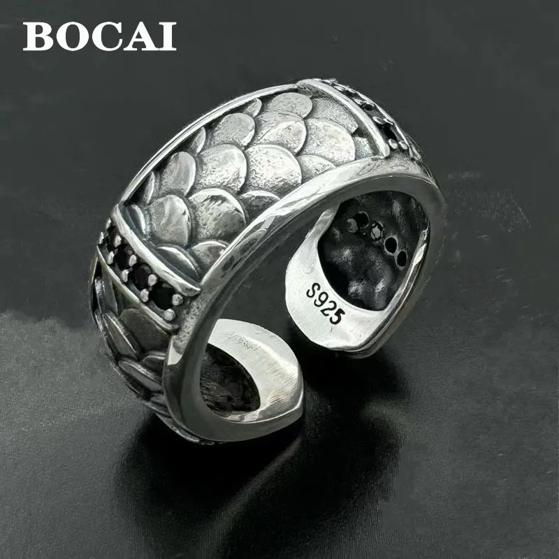 BOCAI S925 Silver Jewelry Retro and Domineering Wide Dragon Scale Engagement Ring for Men Trendy and Personalized Selected Gifts