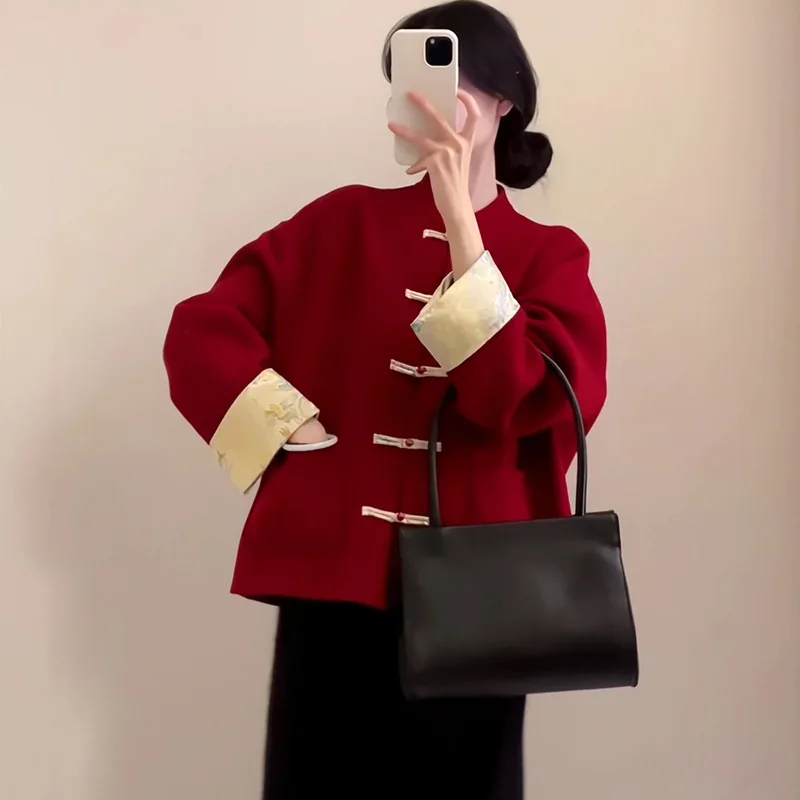 

Fashion new Chinese style red national style woolen jacket spring and autumn new stand-up collar disc buckle loose thickened