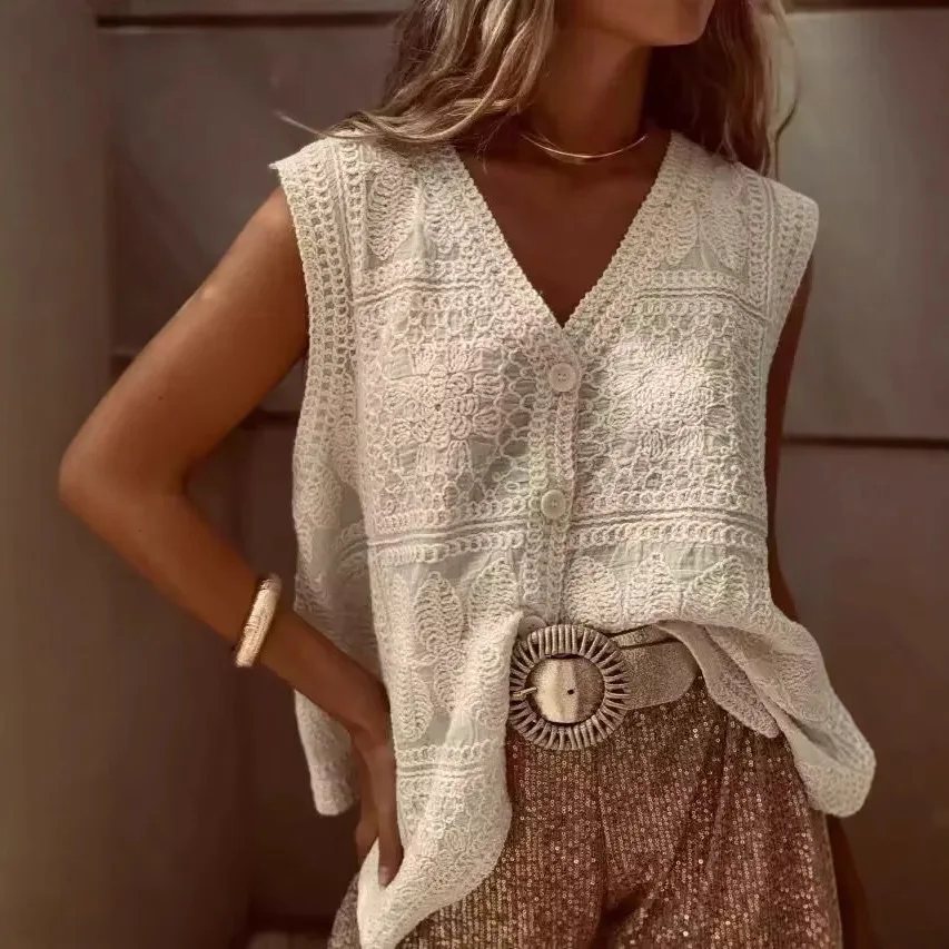 

2025 Spring and Summer New Hook Flower V-neck Vest Coat Women's Sleeveless Vest Knitted