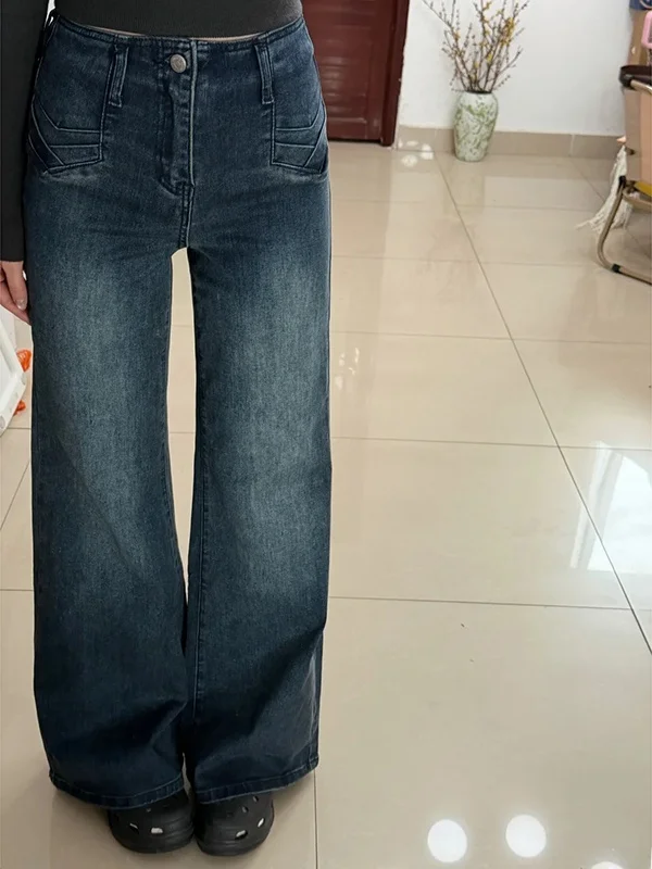 

Retro American Washed Bell Bottom Jeans Women's High Waist Loose Straight Wide Leg Floor Length Draping Pants