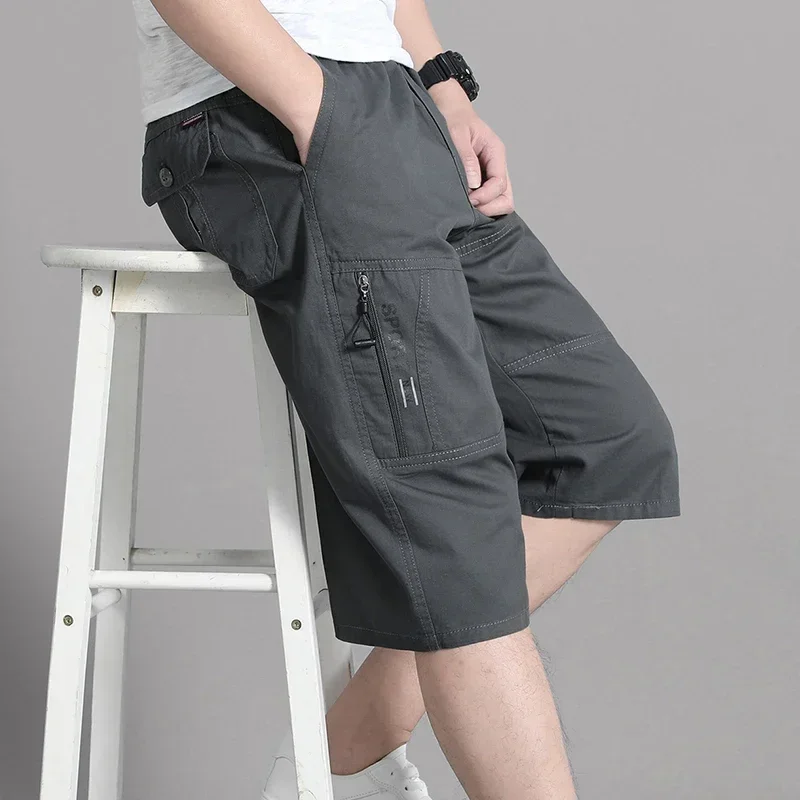 Herren Cargo-Shorts, Kniehose, Reißverschlusstasche, Sommer-Baumwoll-Shorts, Klettern, Jogger, elastische Taille, Sportbekleidung