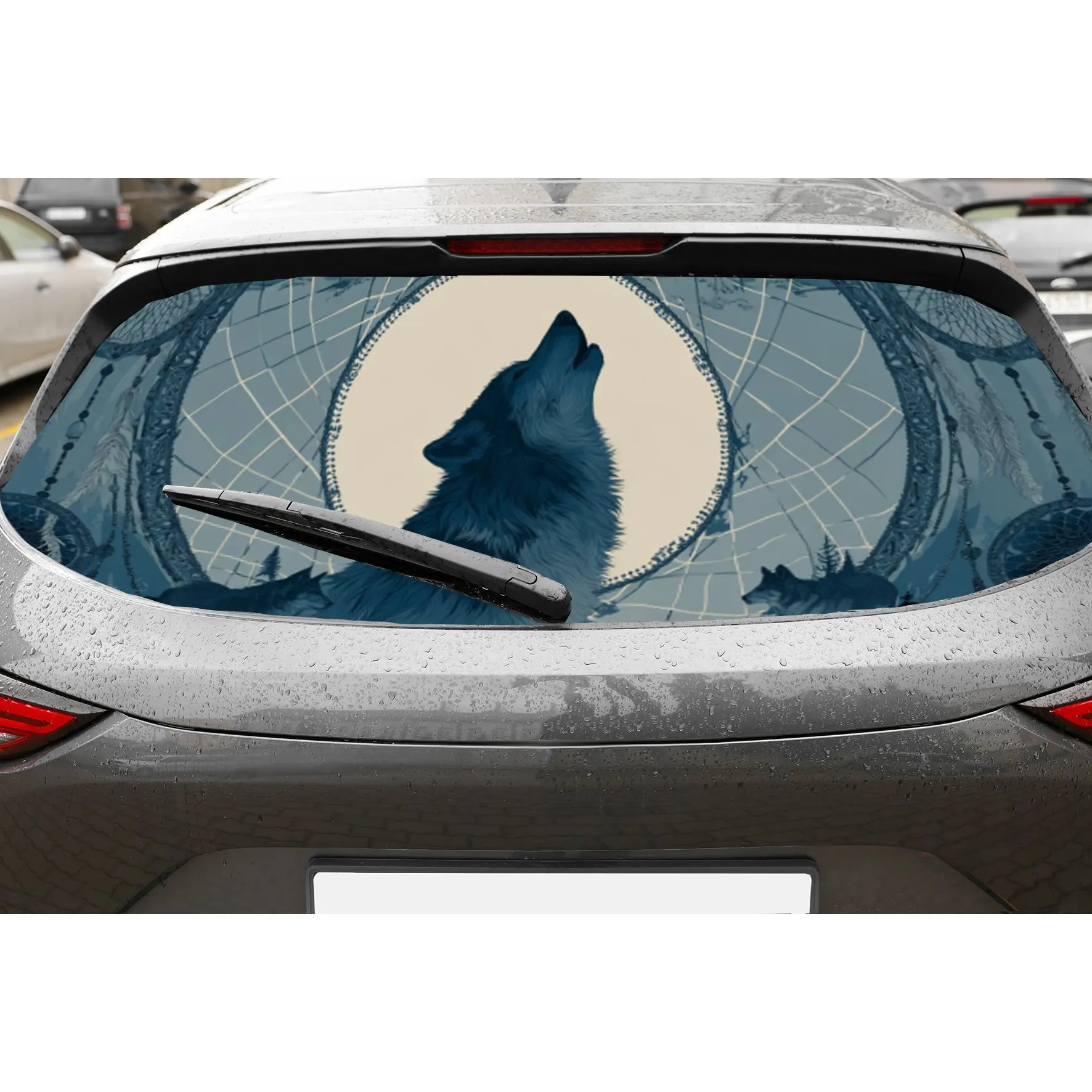 

Howling Wolf and Blue Dreamcatcher Car Rear Window Vinyl Wraps Sticker, Fashionable Auto Decal, Waterproof Self-adhesive & Anti-