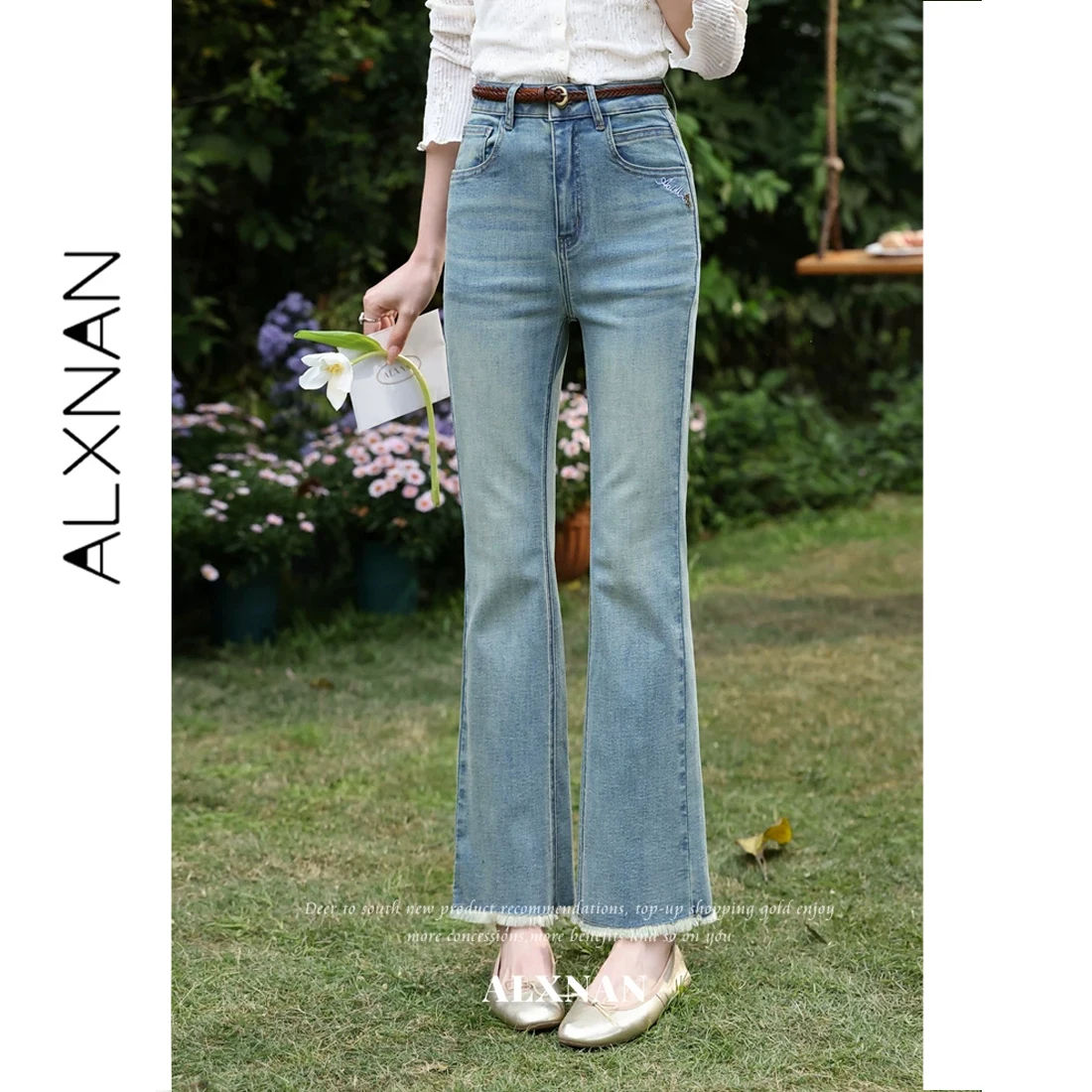 

ALXNAN Women Flared Jeans Blue High Waist Floral Embroidery Raw Edge Hem Pants Summer Casual Vintage Elegant Denim Pants L63502