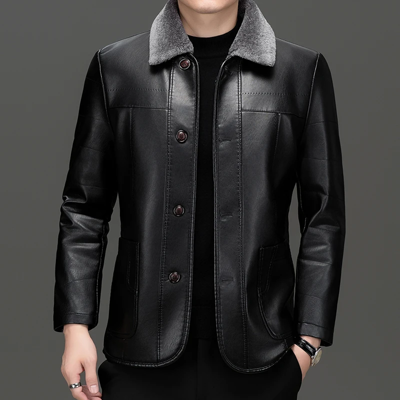 Winter Men PU Leather Jacket Soft Fleece Lining Thermal Coat Bussiness Casual Thermal Faux Leather Outerwear Effortless Menswear