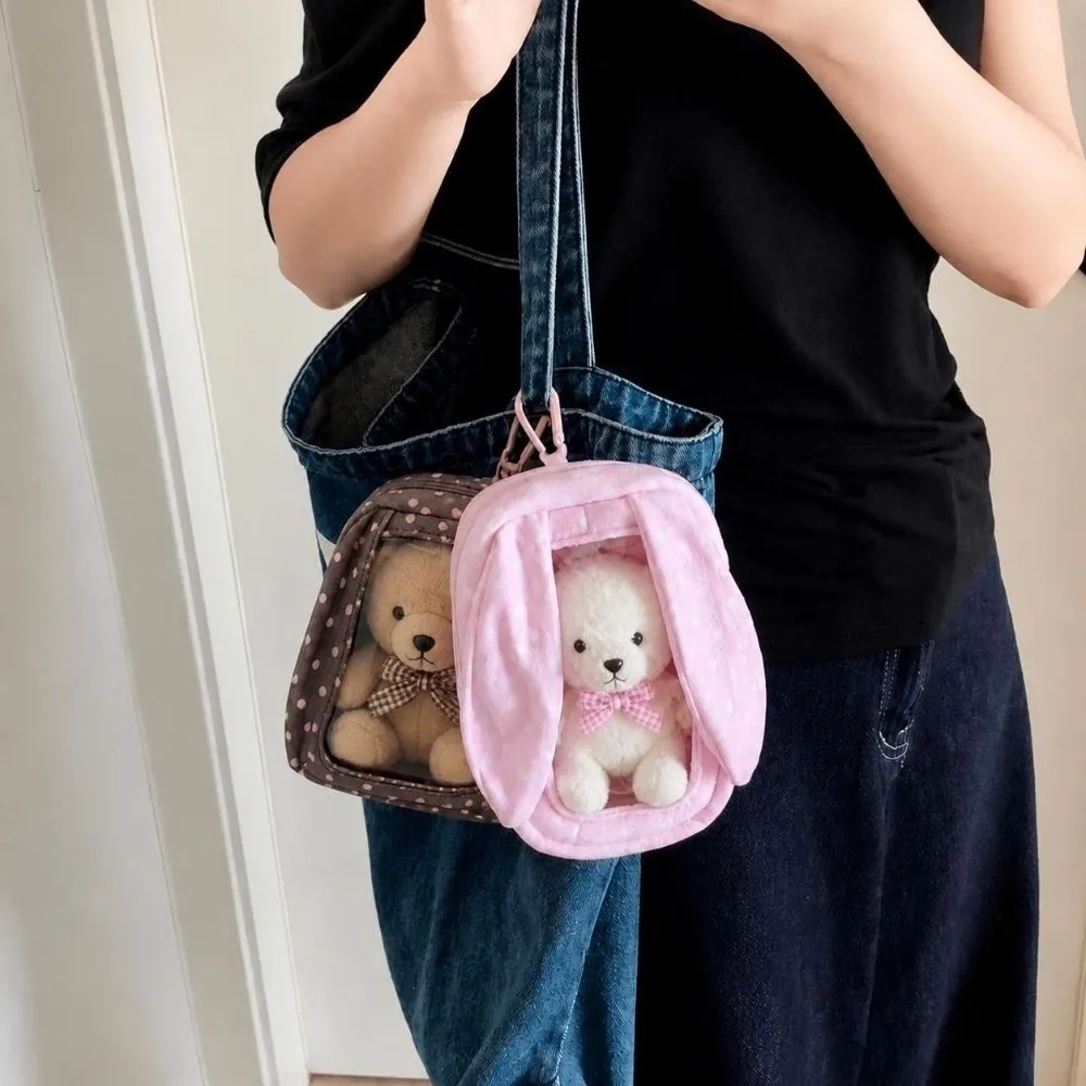 Polka Dot Doll Carrying Bag 3D Stereo Shape Transparent Shell Doll Storage Pouch 15Cm Bunny Ear Design Doll Tote Pouch